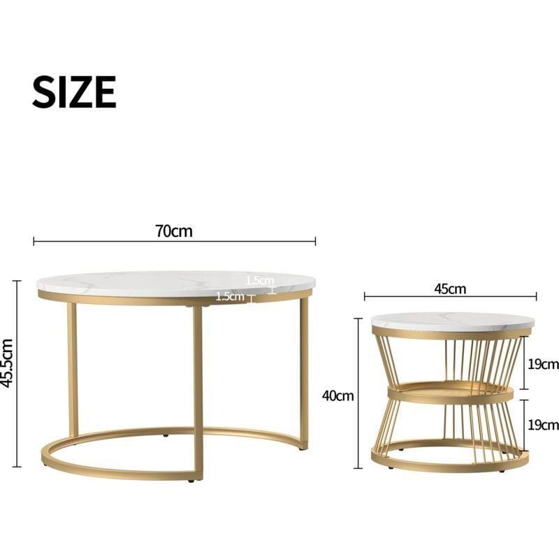 Ahşap Mermer Desenli Gold Ayaklı 2 Li Yuvarlak Orta Sehpa 70 cm - 103497