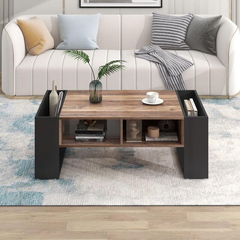 Ahşap Orta Sehpa Çekmeceli ve Raflı 106 cm Siyah Ceviz - 102874