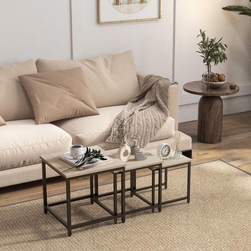 Ahşap Zigon Sehpa Üçlü Set 45x45x44 cm Siyah Metal Ayaklı - 106838