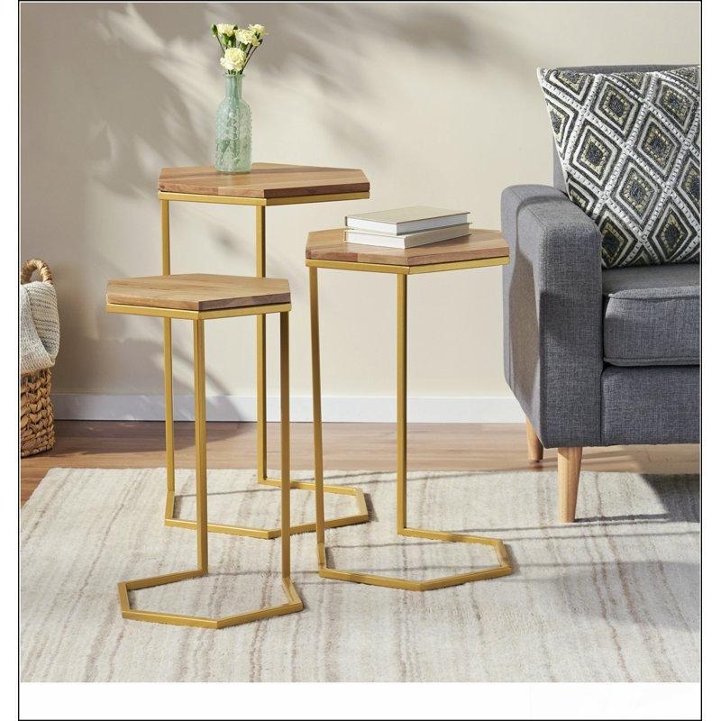 Akasya Ahşap Altıgen Gold Metal Ayaklı Üçlü C Zigon Sehpa - 46 cm x 46 cm x 65 cm - 108166