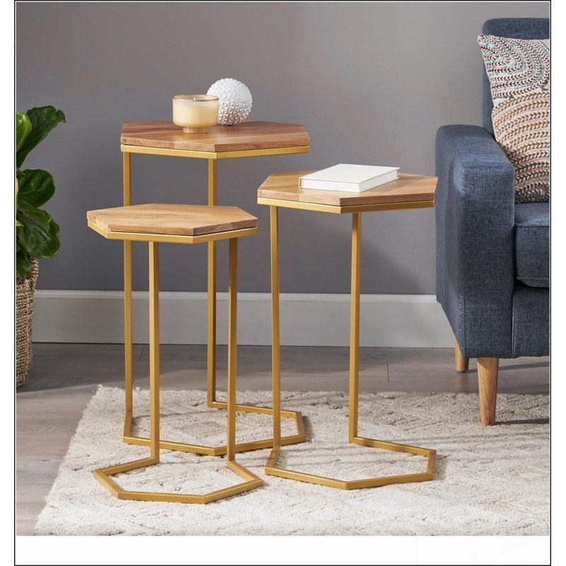 Akasya Ahşap Altıgen Gold Metal Ayaklı Üçlü C Zigon Sehpa - 46 cm x 46 cm x 65 cm - 108166