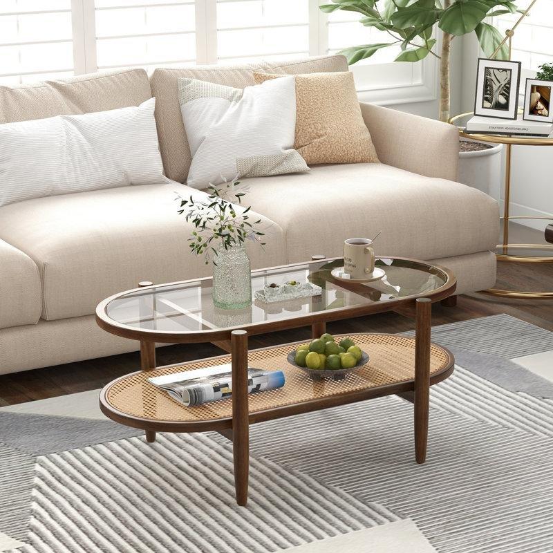 Akasya Ahşap Cam Üstü Rattan Orta Sehpa 102x56x47 cm - 105352
