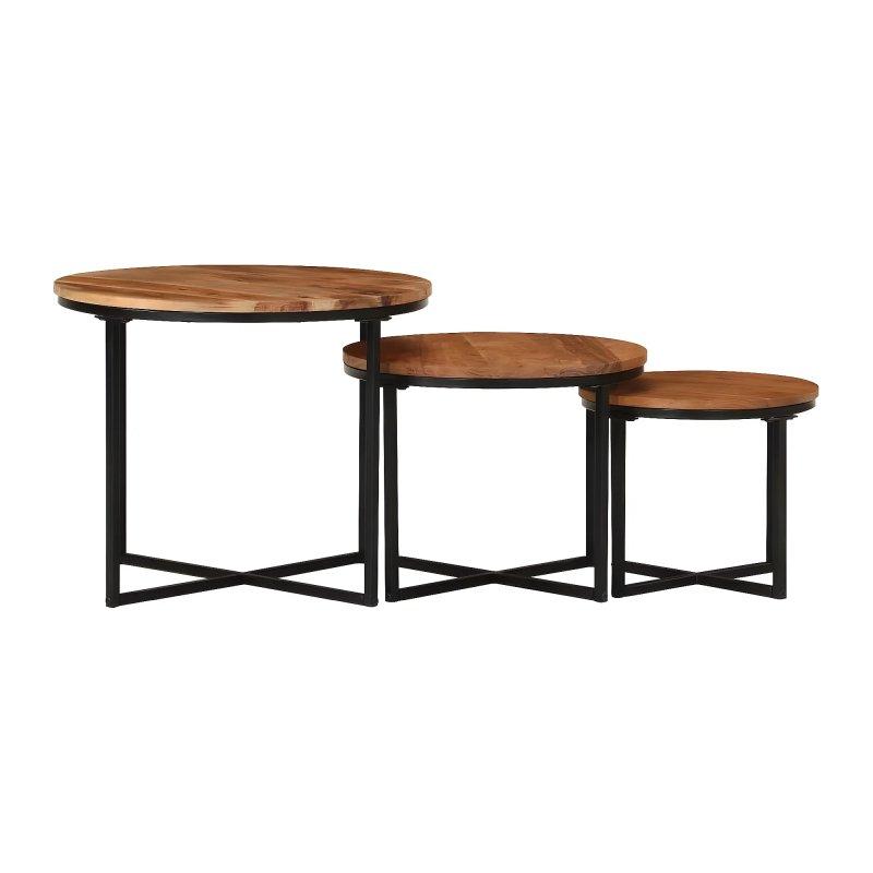 Akasya Masif Ahşap Siyah Metal Ayaklı Üçlü Zigon Sehpa 55 cm - 106345