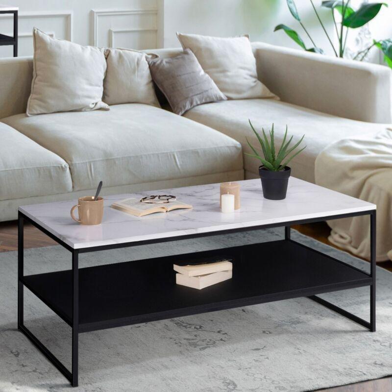Alaska MDF Mermer Desenli Siyah Metal Ayaklı Çift Seviyeli Orta Sehpa 113x60x45 cm - 103440