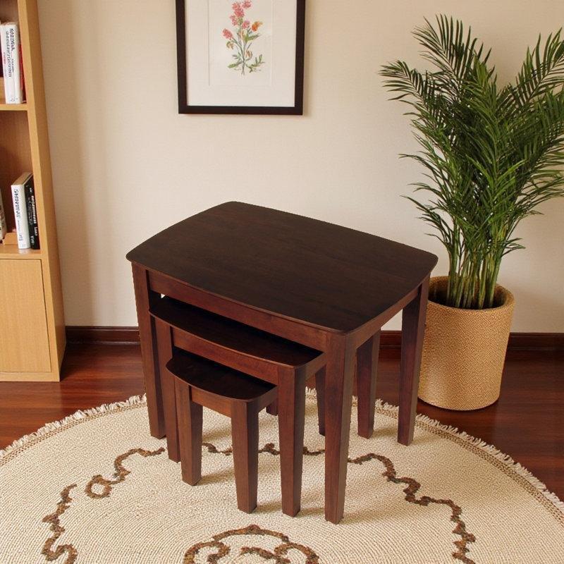 Antik Ceviz Renkli Masif Ahşap Üçlü Klasik Zigon Sehpa 68x47x55 cm - 108316
