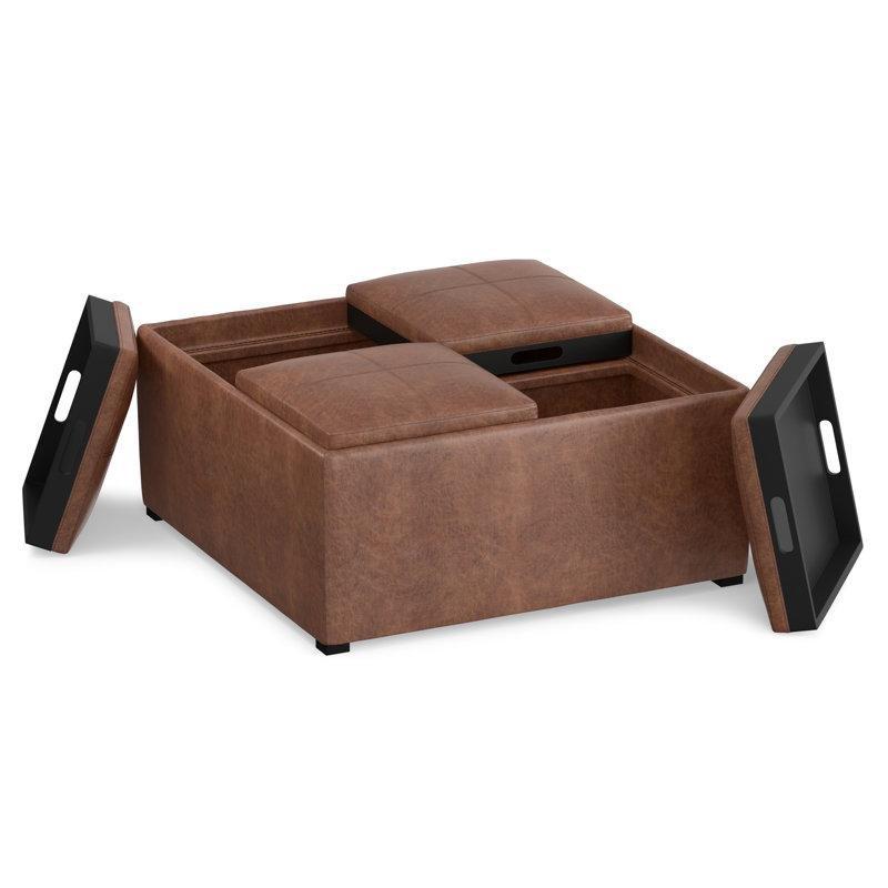 Avalon Puflu Orta Sehpa 89x89 cm Kahverengi Deri Çıkartılabilir Tepsili - 104896