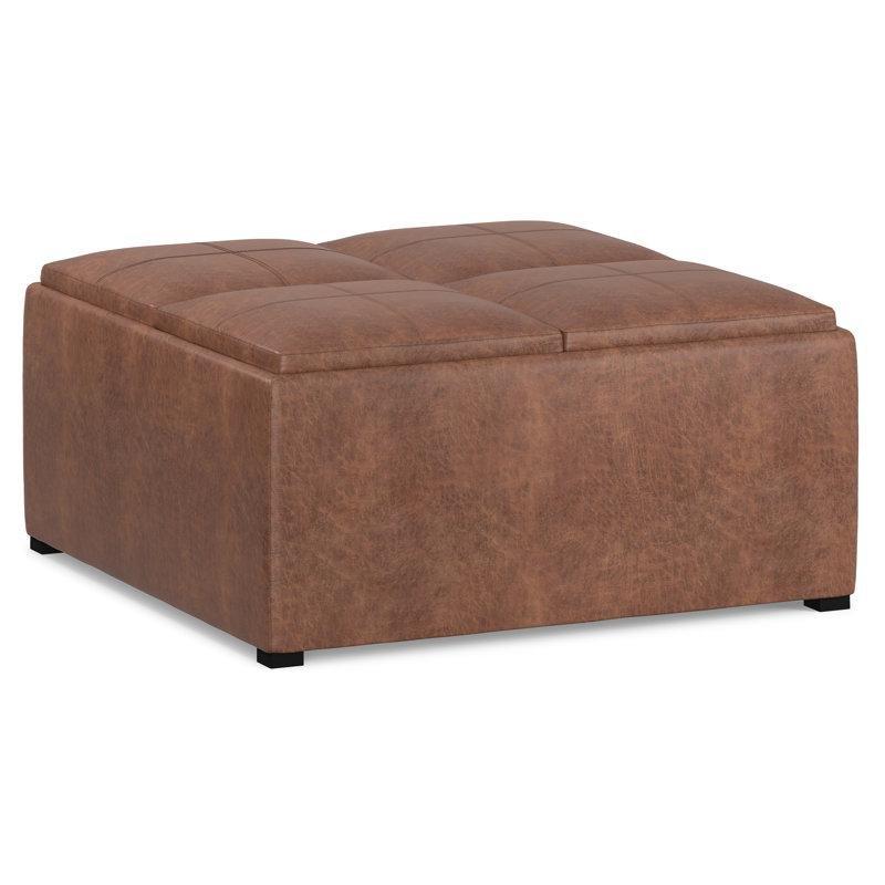 Avalon Puflu Orta Sehpa 89x89 cm Kahverengi Deri Çıkartılabilir Tepsili - 104896