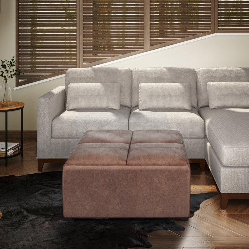 Avalon Puflu Orta Sehpa 89x89 cm Kahverengi Deri Çıkartılabilir Tepsili - 104896