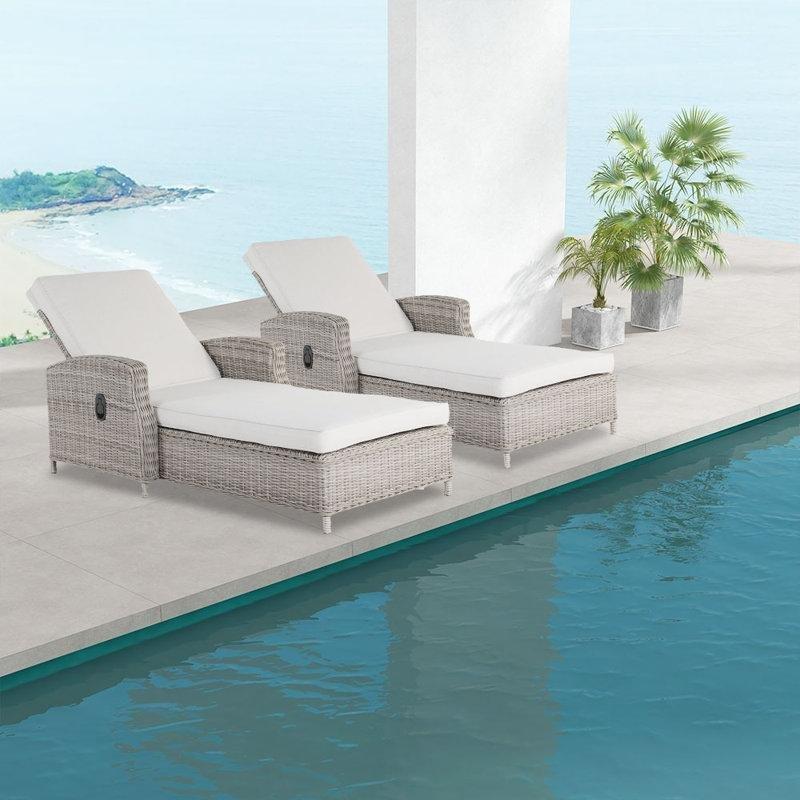 Ayarlanabilir Sırtlıklı Rattan Dinlenme Koltuğu 2'li Set Bej Minderli-101 x 87 x 159 cm - 109499