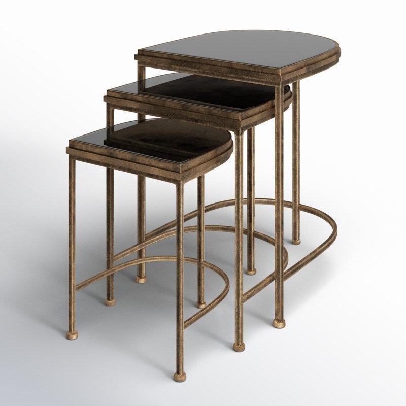 Aynalı Cam Yüksek Zigon Sehpa 61x48x45 cm Siyah Metal Ayaklı 3'lü Set - 108724