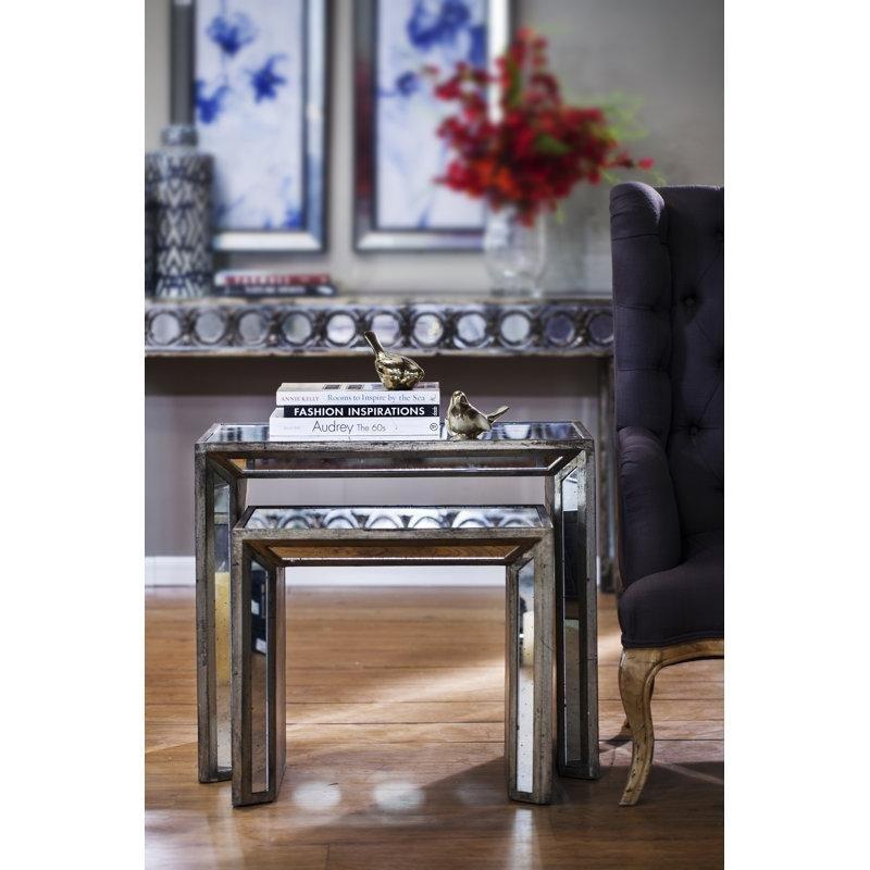 Aynalı Cam Zigon Sehpa İkili Set 69x41x61 cm Gümüş Gri - 108121