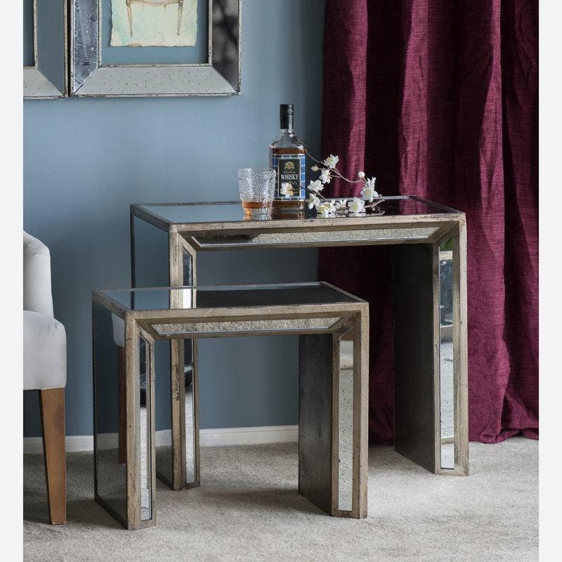 Aynalı Cam Zigon Sehpa İkili Set 69x41x61 cm Gümüş Gri - 108121