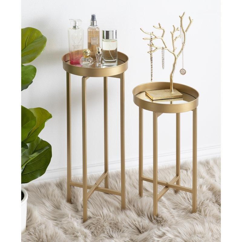 Aynalı Camlı Gümüş Gold Yuvarlak Pirinç Zigon Sehpa 66 cm 51 cm - 108556