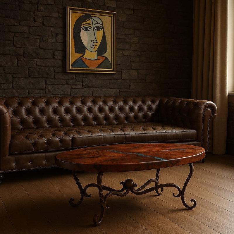 Bakır El Dönerli Orta Sehpa 173 cm x 91 cm - Ferforje Ayaklı Oksitlenmiş Bakır Üstü - 104275