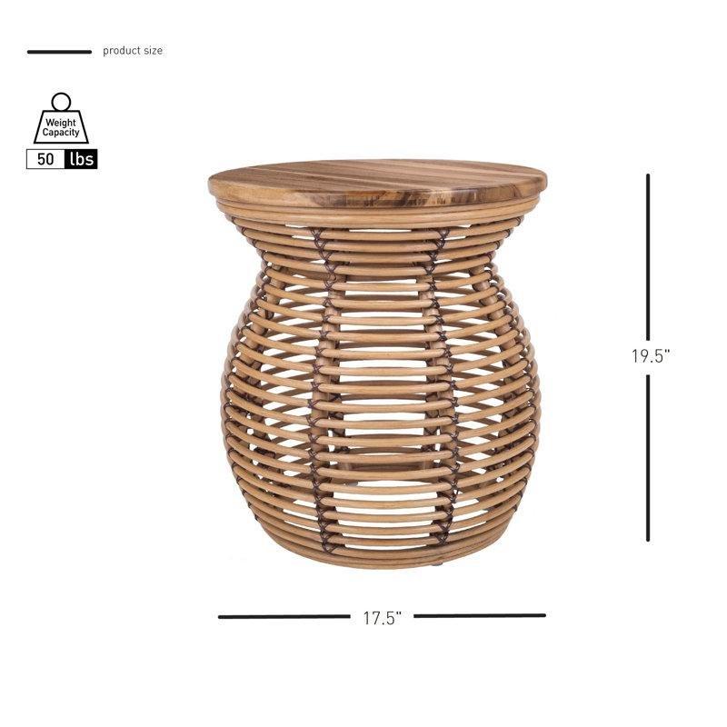 Bal Rengi Masif Ahşap Üst Tablalı Yuvarlak Hasır Yan Sehpa-50x45x45 cm - 113064