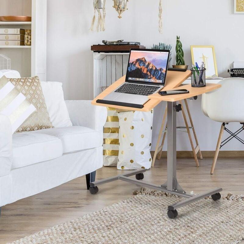 Bej Ahşap Demir Yüksekliği Ayarlanabilir Eğimli Tekerlekli Yan Sehpa-64x45x64-95 cm - 111470