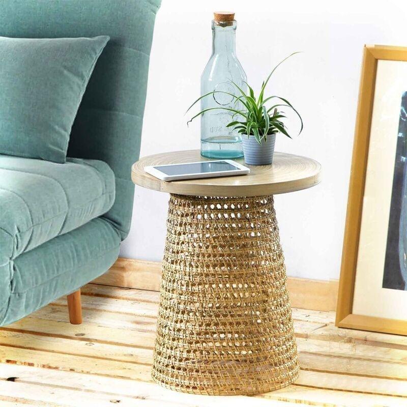 Bej Bambu Hasır Metal Dayanıklı Yan Sehpa-40x40x45 cm - 112339