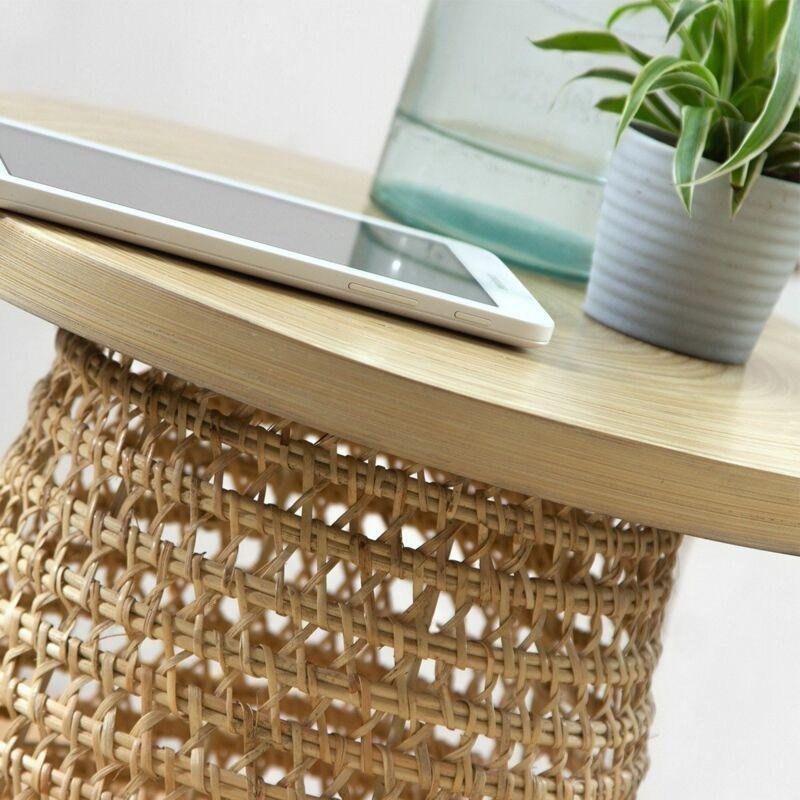 Bej Bambu Hasır Metal Dayanıklı Yan Sehpa-40x40x45 cm - 112339