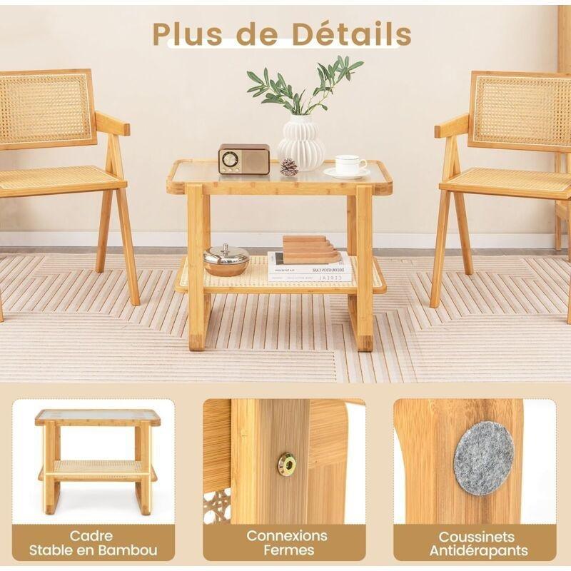 Bej Bambu Raflı Cam Yan Sehpa-71x45x55 cm - 111310