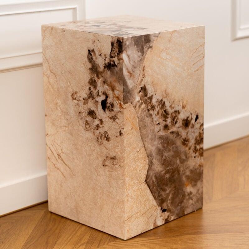 Bej Kahverengi Mermer Blok Mermer Yan Sehpa-30x30x51 cm - 110620