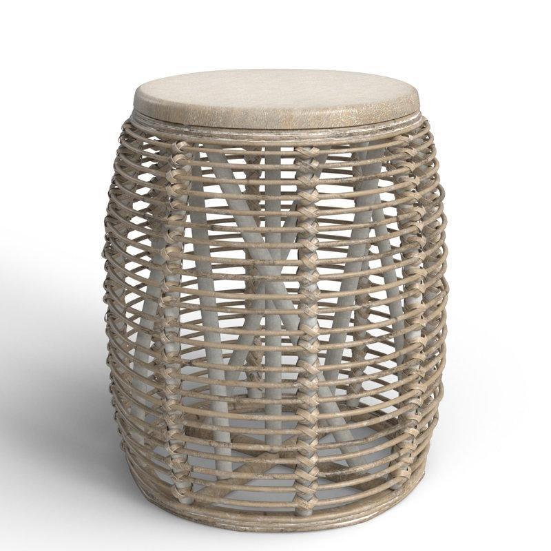 Bej Masif Ahşap Üst Tablalı Yuvarlak Hasır Yan Sehpa-49x45x45 cm - 113040