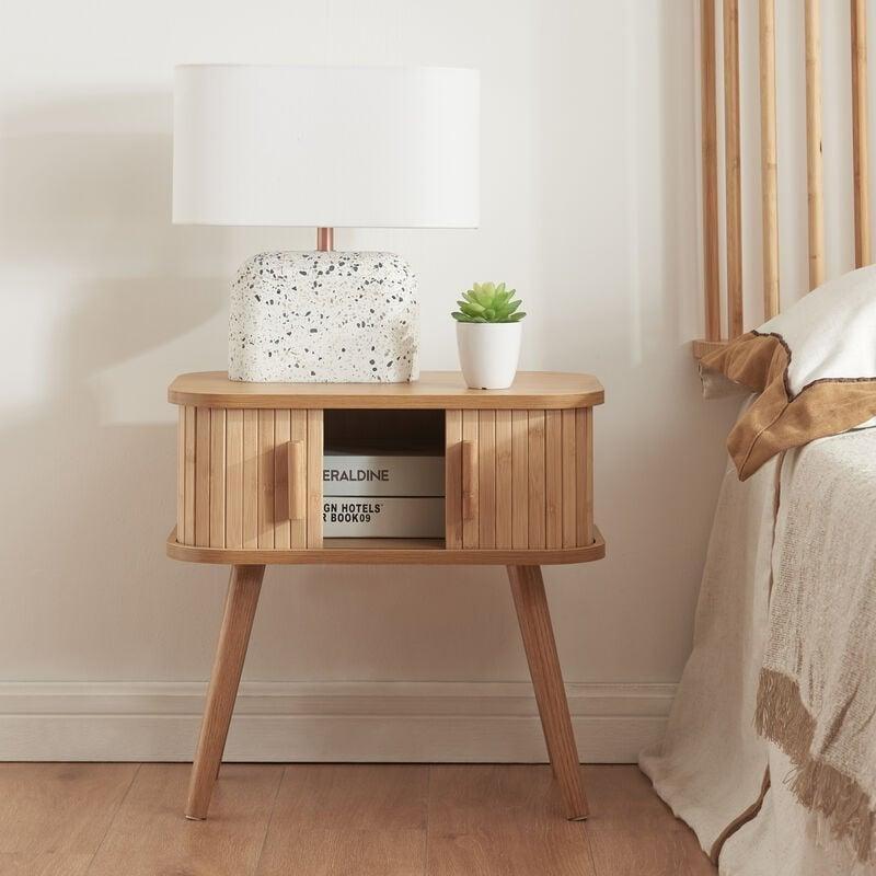 Bej MDF Bambu Sürgülü Kapaklı Ahşap Yan Sehpa-48x30x45 cm - 110681