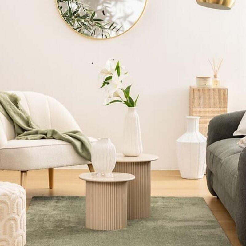 Bej MDF Kanelürlü 2li Mantar Yan Sehpa-40x40x38 cm - 112708