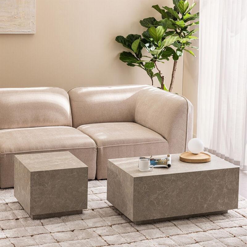 Bej MDF Mermer Desenli Kare Mermer Yan Sehpa-40x40x45 cm - 110572