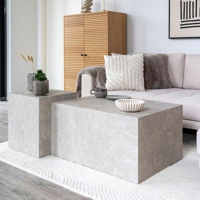 Bej MDF Mermer Efektli Kare Mermer Yan Sehpa-40x40x45 cm - 110338