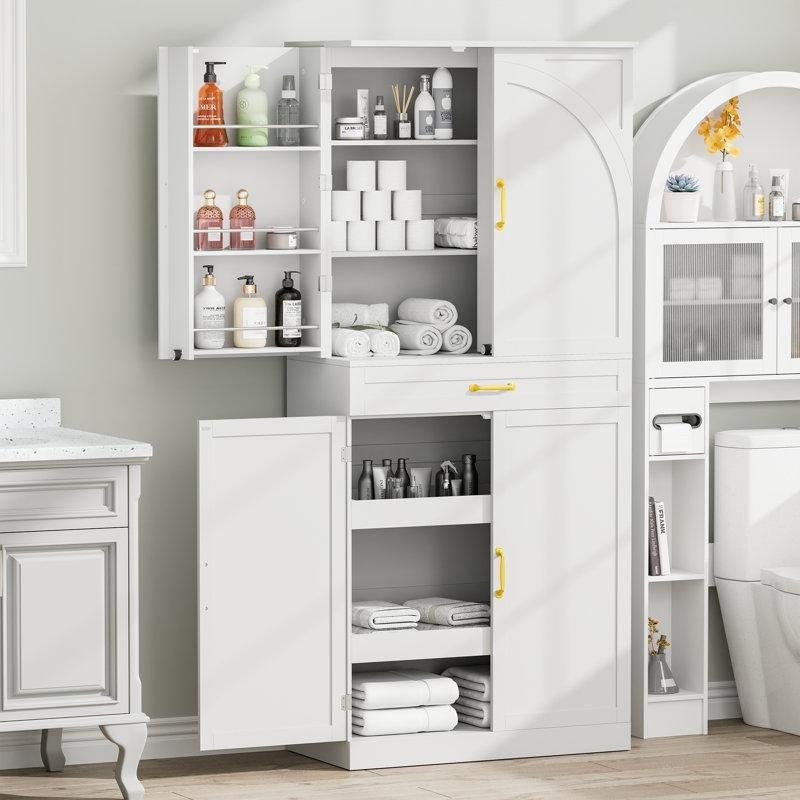 Beyaz 180 cm Çok Amaçlı Dolap - Gold Kulplu, Çekmeceli ve Camlı Raflı - 92905