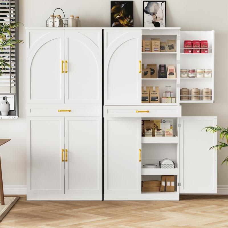 Beyaz 180 cm Çok Amaçlı Dolap - Gold Kulplu, Çekmeceli ve Camlı Raflı - 92905