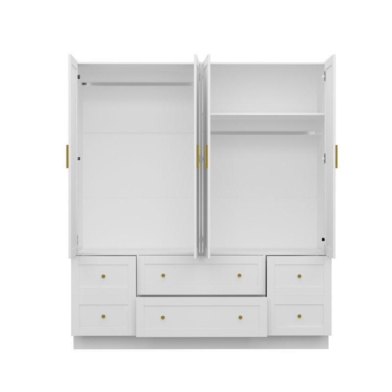 Beyaz 4 Kapılı Gardrop, Endüstriyel Ahşap, Gold Kulplu, 160x180 cm - 91126