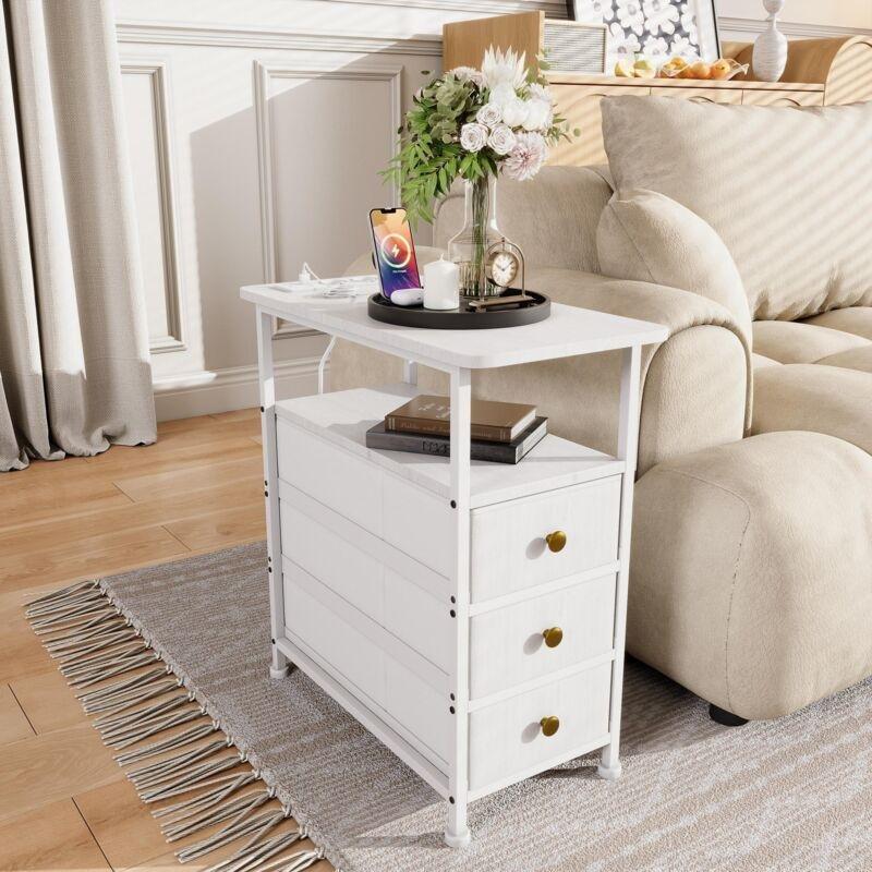 Beyaz Ahşap Metal Entegre Prizli ve USB Portlu Bohem Yan Sehpa-60x30x62 cm - 110971