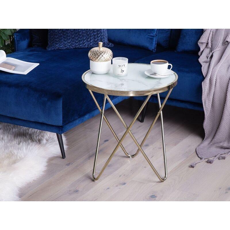 Beyaz Altın Renkli Metal Art Deco Mermer Yan Sehpa-50x50x55 cm - 110412