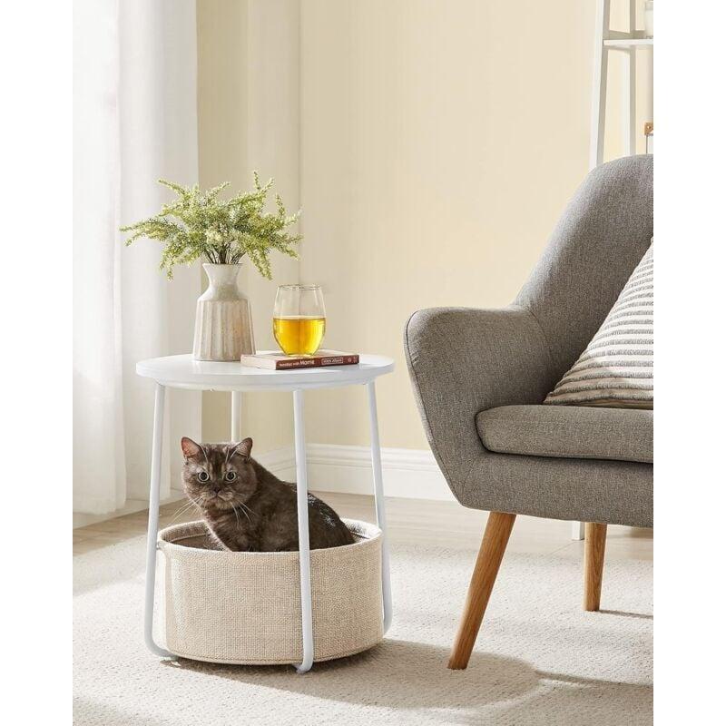 Beyaz Bej Çelik Polyester Kumaş Sepetli Ayarlanabilir Ayaklı tekerlekli yan sehpa-45x50 cm - 111558