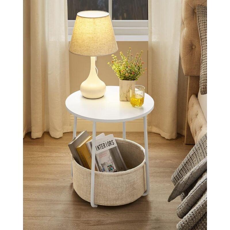 Beyaz Bej Çelik Polyester Kumaş Sepetli Ayarlanabilir Ayaklı tekerlekli yan sehpa-45x50 cm - 111558
