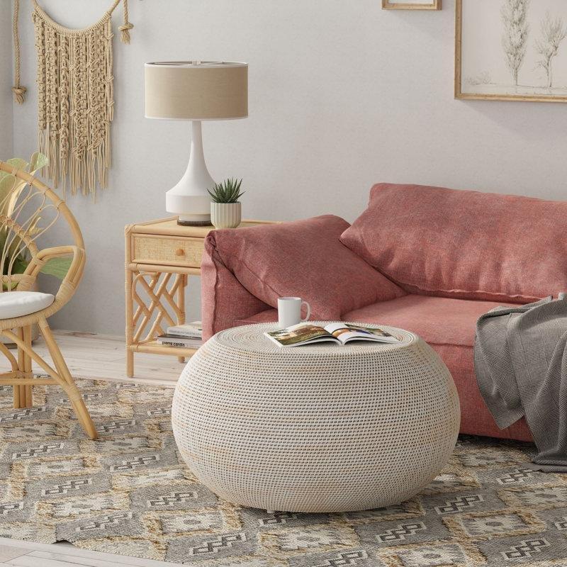 Beyaz Bohem Orta Sehpa 86 cm Yuvarlak Hasır - 105178