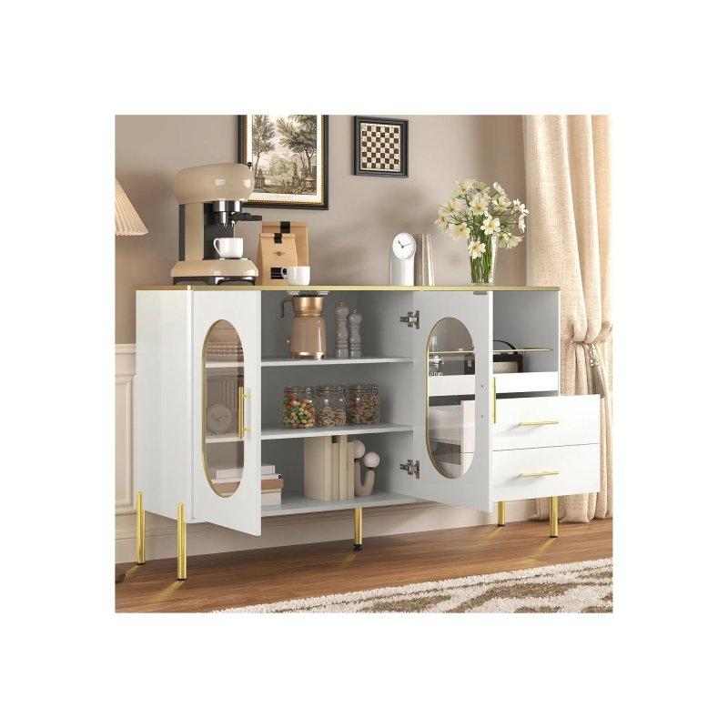 Beyaz Cam Kapaklı Çok Amaçlı Dolap 140x90x38 cm Gold Kulplu - 92362