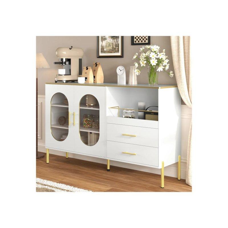 Beyaz Cam Kapaklı Çok Amaçlı Dolap 140x90x38 cm Gold Kulplu - 92362