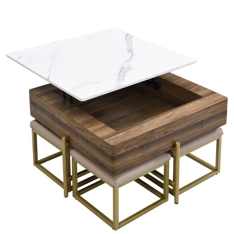 Beyaz Ceviz Renkli Kaldırılabilir Üstlü Puflu Orta Sehpa Seti 80x80 cm - 104779
