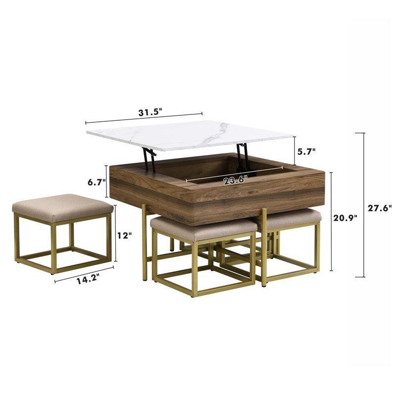 Beyaz Ceviz Renkli Kaldırılabilir Üstlü Puflu Orta Sehpa Seti 80x80 cm - 104779