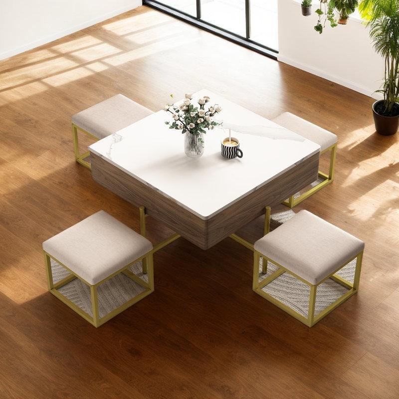 Beyaz Ceviz Renkli Kaldırılabilir Üstlü Puflu Orta Sehpa Seti 80x80 cm - 104779