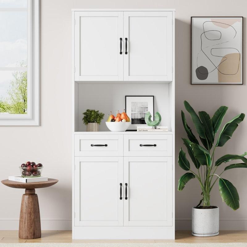 Beyaz Çok Amaçlı Dolap 180 cm Çekmeceli Mikrodalga Bölmeli - 93043