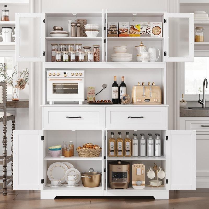 Beyaz Çok Amaçlı Dolap 180 cm Mikrodalga Raflı Çekmeceli Camlı - 92869