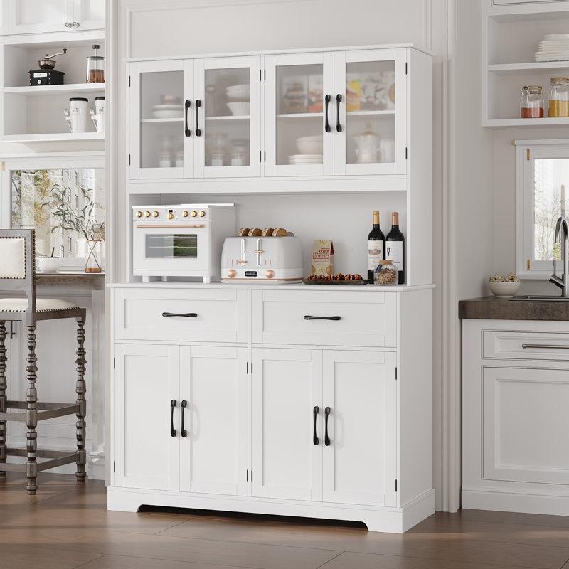 Beyaz Çok Amaçlı Dolap 180 cm Mikrodalga Raflı Çekmeceli Camlı - 92869