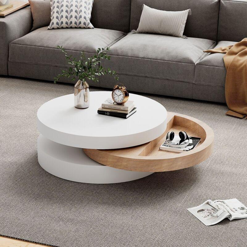 Beyaz Dönerli Orta Sehpa MDF Ahşap Kaplama 60x60x35 cm - 102932