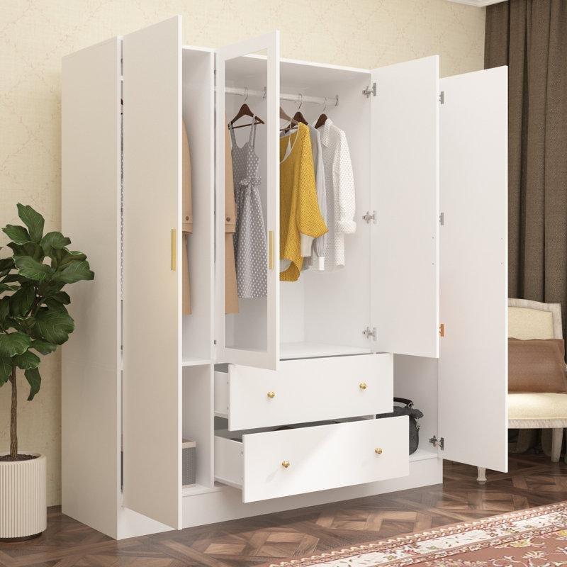 Beyaz Endüstriyel Ahşap 4 Kapılı Gardrop 180 cm x 160 cm Aynalı - 91192