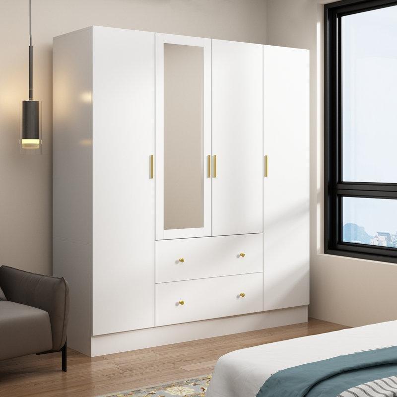 Beyaz Endüstriyel Ahşap 4 Kapılı Gardrop 180 cm x 160 cm Aynalı - 91192