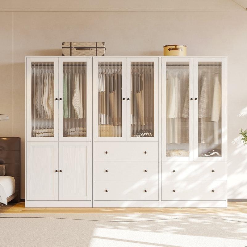 Beyaz Endüstriyel Ahşap Gardrop 240x239x51 cm Yivli Camlı Kapılar Soft-Close Sistem - 91180