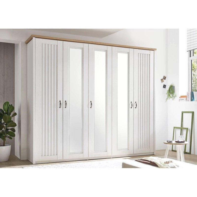 Beyaz Endüstriyel Ahşap Gardrop 265x224x60 cm 5 Kapılı 3 Aynalı - 90685